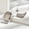 Silver-toned stainless steel stud earrings with vertical ribbed texture and curved shape - Shell Texture Style / Silver