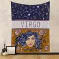 Detail of Virgo zodiac tapestry with star map and daisy floral hair on navy fabric - Virgo
