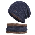 Winter knit hat and neck warmer set in navy blue with thick fleece lining - Navy Blue