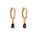 Detail of gold huggie hoop earrings featuring faceted black pear-cut crystal teardrops - Black