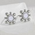 Minimalist irregular sun-shaped silver stud earrings with white round inlay detail - Beaded Edge Style (JZE848-01) / Silver