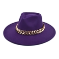 Detailed side view of a dark purple wool fedora hat with a thick gold chain decoration - M(56-58cm) / Purple