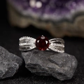 Macro shot of S925 silver ring with red garnet gemstone and twisted diamond band - Natural Garnet Lace Ring LR373