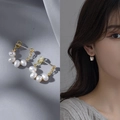 Macro shot of natural freshwater pearl earrings with gold metal accents on silk - 18# Minimalist Fashion Half Hoop Multi-Pearl (Silver Needle)