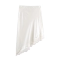 Asymmetrical ivory satin skirt featuring elegant lace trim and a flowy irregular hemline - XS / White