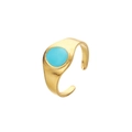 Adjustable golden stainless steel open ring with sky blue round enamel center inlay - Gold Minimalist Blue Gem (J514-1)