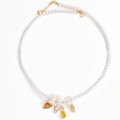 Detail of pearl necklace with colorful gemstone fruit charms like pineapple and grape - Set (Necklace + 4 Pendants)