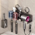 Grey wall-mounted bathroom rack with suction cup for hair dryer and toothbrush storage - 2-Person · Colored Cup + Dispenser