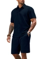 Men's navy blue casual set with textured knit polo shirt and matching shorts - Navy Blue