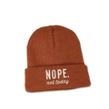 Detail of caramel ribbed knit beanie featuring white NOPE. not today embroidery slogan - M (56-58cm) / Caramel color