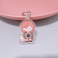 Cute pink hair cartoon girl acrylic keychain with white cat and silver metal clasp - Short Hair Girl with Cat (With Lobster Clasp)