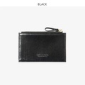 Minimalist black zip-around coin purse with gold zipper and embossed silver logo - Black