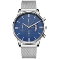 Geneva men's quartz watch with blue dial, silver mesh band, and chronograph sub-dials - Silver Case Blue Dial Silver Mesh Strap