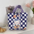 Blue checkerboard canvas tote bag with a cute bear print and purple woven handle - Checkerboard Bear