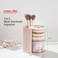 Pink 2-layer rotating makeup organizer box for powder puffs and cosmetic brushes - 2-Tier / Lotus root pink