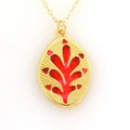 Golden necklace with red enamel leaf pendant featuring artistic texture and details - Red Coral Leaf Style (06)