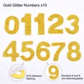 Detail view of 10-piece gold glitter EVA foam numbers 0-9 with adhesive backing for party hats - EVA Adhesive Number Set / Gold
