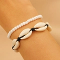 Bohemian multi-layer white beaded bracelet set with natural shell and black woven rope - Black Shell Woven Style (07 Black Shell A-603)