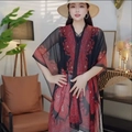 Women's summer sun protection shawl with vintage black and red ethnic paisley pattern - Black Red