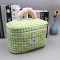 Green checkered quilted makeup bag with pink Melody embroidery and top handle - Green-Large