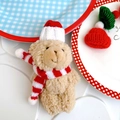 Christmas teddy bear cake topper with red and white striped scarf and knitted hat - Joint Bear with Knitted Hat and Red-White Scarf