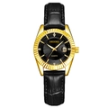 Luxury quartz watch featuring a black leather strap and gold fluted bezel with date window - Black Strap Gold Case Black Dial Women's