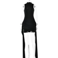 Sexy black sleeveless mini dress with high neck and long side ribbons on mannequin - S / Black