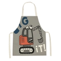 Close-up of grey linen apron featuring a cartoon excavator print and beige ties - 47x38cm(Kids) / W-1376 Grey Excavator