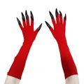 Detail of long red elastic gloves with sharp black stiletto nails for Halloween cosplay - Red Gloves with Black Long Nails