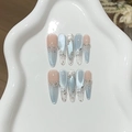 Blue and nude gradient handmade press-on nails with sparkling glitter and pearl accents - Koi Light (Blue Nude Gradient Pearl)