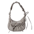 Neutral beige ruched nylon shoulder bag with elegant bow detail and pleated strap - Khaki