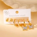 Golden stainless steel earring set with tiny studs, crystal hoops, and star charms - Star Style Set (BJGE0370)