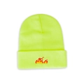 Detail of neon green beanie featuring vibrant flame embroidery on the cuffed knit texture - M (56-58cm) / Neon Yellow