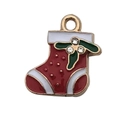 Ciondolo natalizio in metallo smaltato rosso con bordo dorato e cristalli brillanti - Calza di Natale con Strass (8862) / 1 Pezzo/Confezione (15x17mm) / Rosso