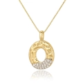 Detail of a gold box chain necklace featuring a zircon-encrusted oval hoop pendant - Letter O