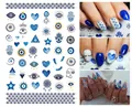 Detail of blue evil eye nail stickers set including Fatima hand and heart designs - WG895