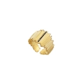 Gold plated stainless steel ring with black gemstone inlay and vertical wave texture - Gold Black