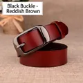 Women's genuine leather belt in red brown with a sleek black metal pin buckle - Black Buckle - Red Brown