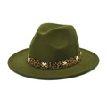 Detailed close-up of olive green wool fedora with leopard print band and gold star charms - M (56-58cm) / Army Green