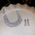 Silver jewelry set with crystal-encrusted hollow rectangular necklace and stud earrings - Necklace-Silver (2-piece set)