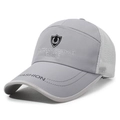 Grey mesh trucker hat with shield embroidery and curved visor for summer outdoor wear - Gray