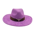 Purple wide brim western cowboy hat with black leather band and silver bull head ornament - Purple