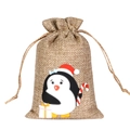 Christmas burlap drawstring bag featuring a cute penguin and candy cane festive design - Candy Cane Penguin D-01 / 10*15cm