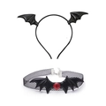 Gothic Halloween set featuring black bat wing headband and mesh choker with red eye detail - Bat + Choker (Black) #