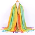 Detail of pashmina scarf showing peacock feather pattern, rainbow gradient and tassels - Peacock Yellow