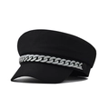 Detail view of black cotton newsboy cap with matte grey chain and retro British styling - Size L(58-60cm) / Gray Chain