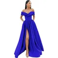Elegant off-shoulder royal blue satin evening gown with high slit and pleated bodice - US 2 / Sapphire Blue