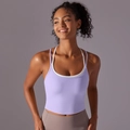 Détail de la brassière de sport violet clair avec fines bretelles et dos croisé pour yoga - S / Hauts / Lavande Claire