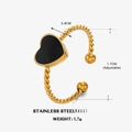 Verstellbarer goldener Herzring aus Edelstahl mit schwarzer Emaille und Kordelband - Einstellbar Offen / Schwarz