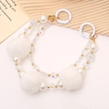 Beaded phone strap with white plush ball, faux pearls and rainbow crystals - White Double Chain Style (K115)